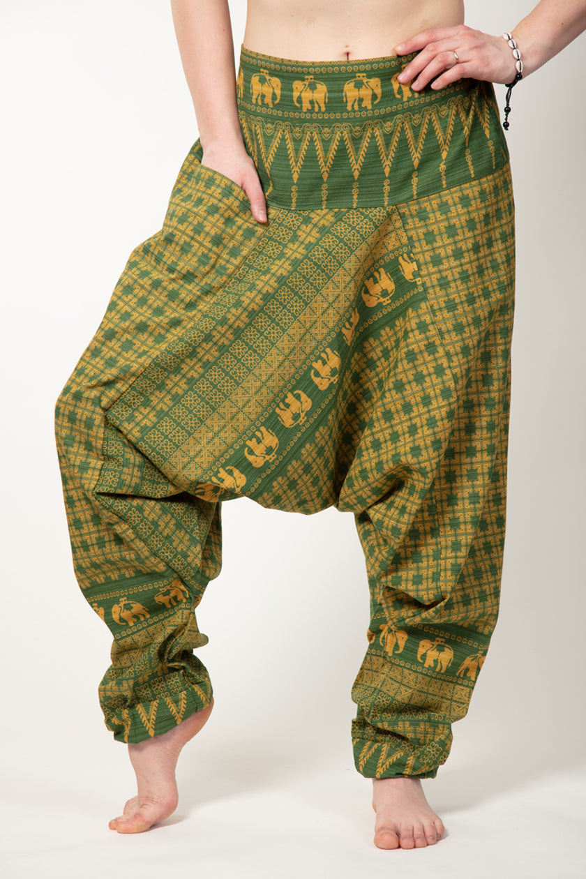 Elephant Green Yellow Hill Tribe Artisan Low Cut Haaremihousut - Berry Piper