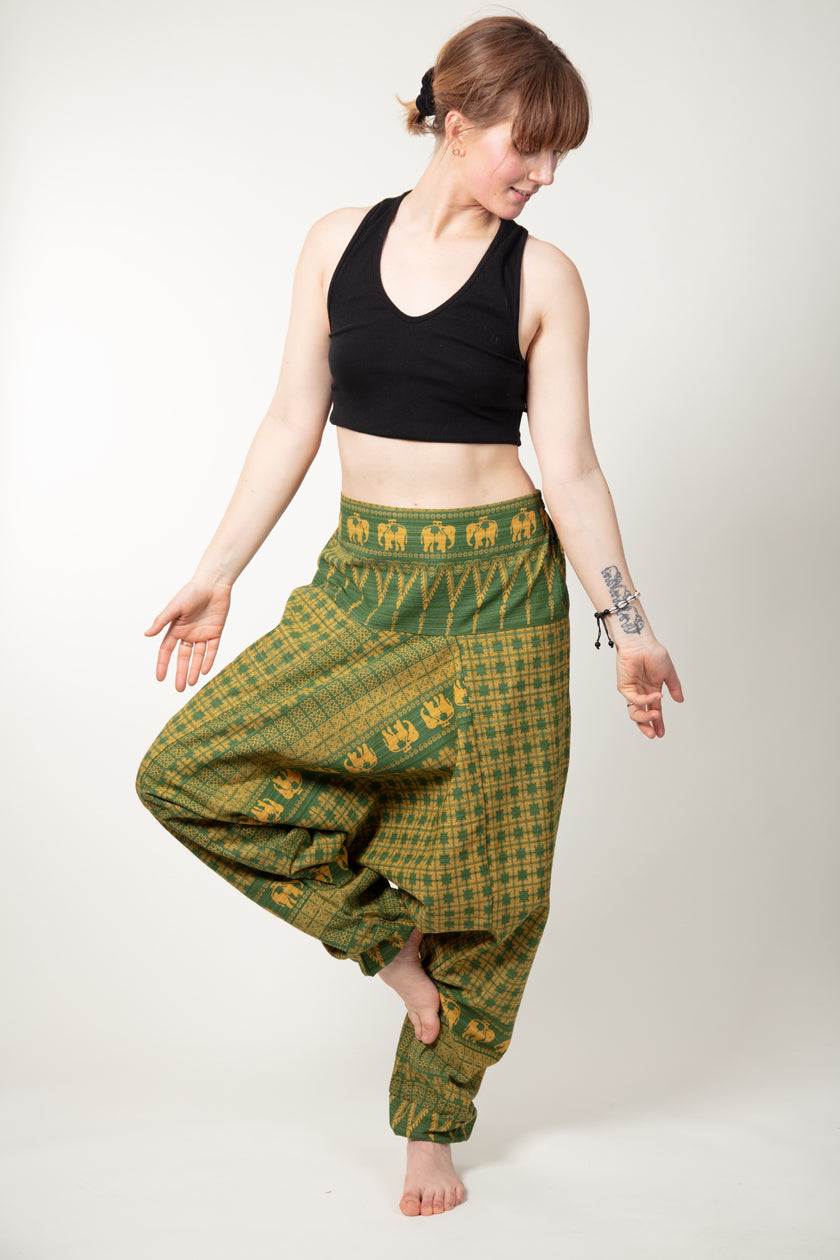 Elephant Green Yellow Hill Tribe Artisan Low Cut Haaremihousut - Berry Piper